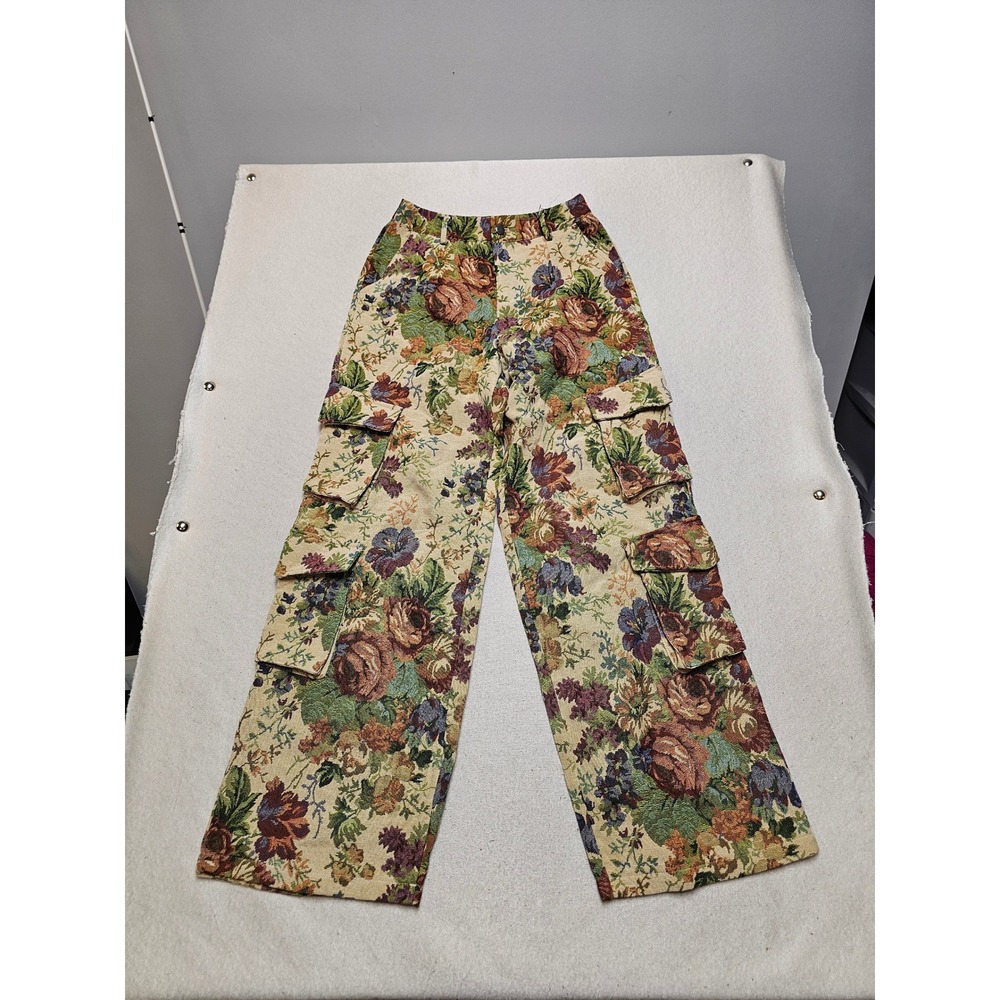 Micas Floral Tapestry Cargo Pants Beige Wide Leg High Waist XS NEW